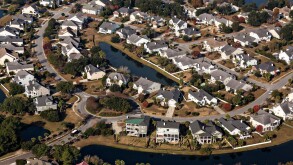 Aerial view of homes in Seaside housing development in Mt Pleasant, SC.