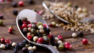 closeup of a spoon with a variety of different peppercorns, such as pink pepper, black pepper, red pepper or white pepper, on a