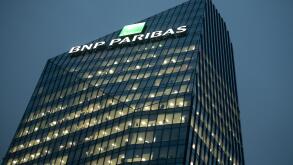 BNP Paribas headquarters office building (Diamond Tower ) at night in Milan, Italy on November 8, 2018.