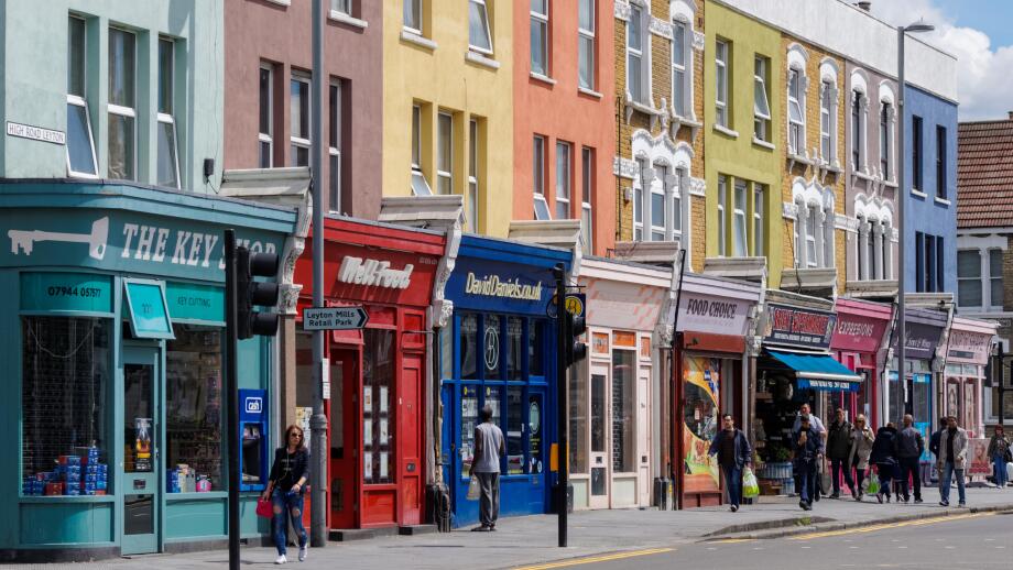 Shops on High Road Leyton, London, England, United Kingdom, UK