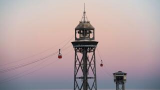 View of the Barcelona Cable Car at sunset, Catalonia, Spain.