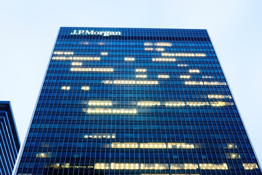 JP Morgan Building.   Office Building, Canary Wharf London from Alamy 29Sep21