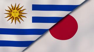 Two states flags of Uruguay and Japan. High quality business background. 3d illustration