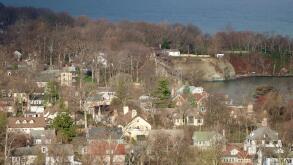 Aerial view of houses in Lakewood, the suburbs to Cleveland, in morning sun. Ohio, USA