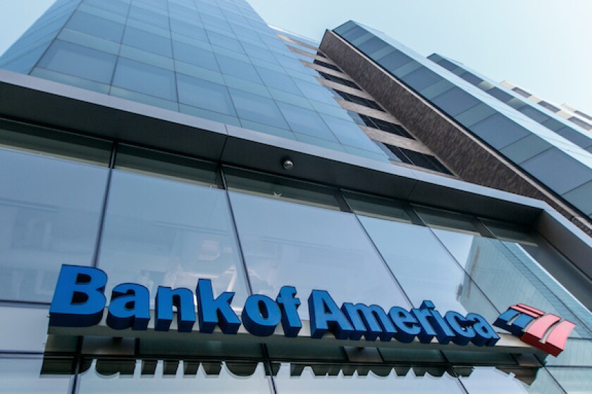 Bank of America sing above the entrance to one of their branches.