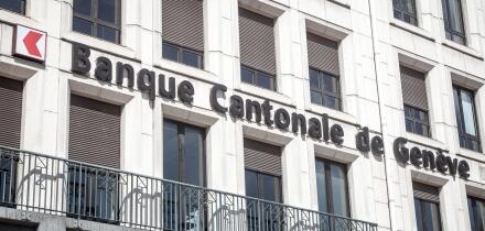 LYON, FRANCE - JULY 13, 2019: Logo of Banque Cantonale de Geneve on their local office in Lyon. Also called BCGE, it is a Swiss cantonal bank from Gen