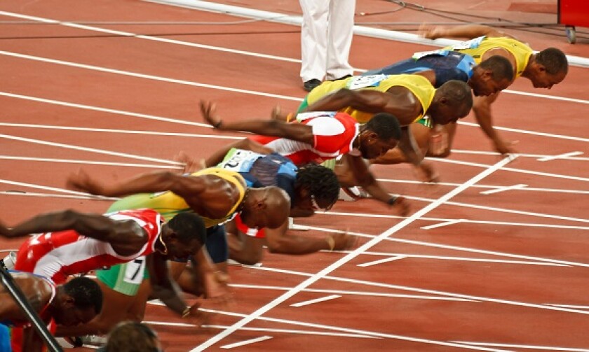 Start of Men?s 100 meter sprint race where Usain Bolt sets a new world record at the 2008 Olympic. Aug 18, 2008 Beijing, China