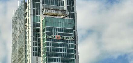 TURIN, ITALY - May 31, 2021: Intesa Sanpaolo financial and banking Company headquarters skyscrape