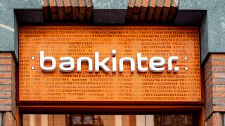 Bankinter bank sign logo of branch office in the city.Exterior view of Bankinter bank branch