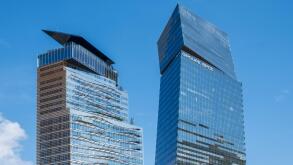 Exterior view of the towers housing the headquarters of the French banking group BPCE