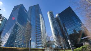 Up in the sky, The business district of Paris - Courbevoie, La Defense a sunny day with clear blue sky