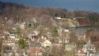 Aerial view of houses in Lakewood, the suburbs to Cleveland, in morning sun. Ohio, USA