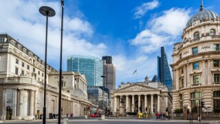 City of London (financial district) from Mansion House St with Bank of England (left) and Royal Exchange (centre), London, UK