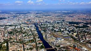 Oberbraum bridge over river Spree, view in direction of Berlin-Mitte, 20.06.2016, aerial view, Germany, Berlin