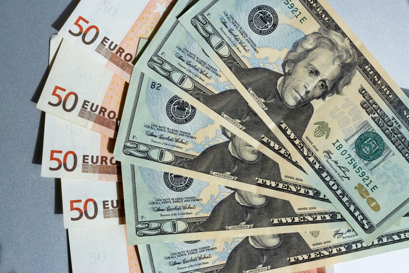 US Dollars and Euros. Image shot 10/2008. Exact date unknown.
