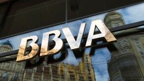 Sign above entrance of Spanish bank BBVA in Valencia city. Spain