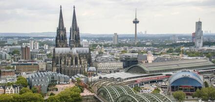 View from the Cologne Triangle observation tower of Cologne Cathedral, the Philharmonic Hall, and the Rhine with the Hohenzollern Bridge, Germany, Nor