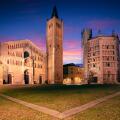Parma, Italy. Cityscape image of old town Parma, Italy at beautiful autumn sunrise.