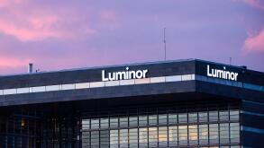 27.04.2018. RIGA, LATVIA. Facade of Luminor bank building in Riga, Latvia during sunset.