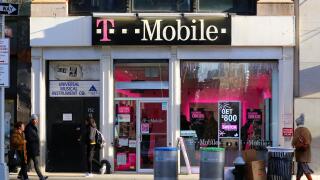 T Mobile, 732 Broadway, New York, NY. exterior storefront of a cellphone store in the NoHo neighborhood of Manhattan.