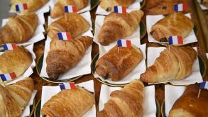 Paris. France. Croissants and pain au chocolate on display at a French patisserie.