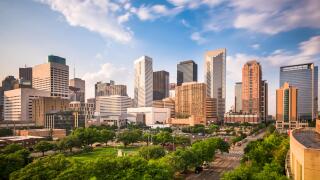 Houston, Texas, USA downtown city park and skyline.