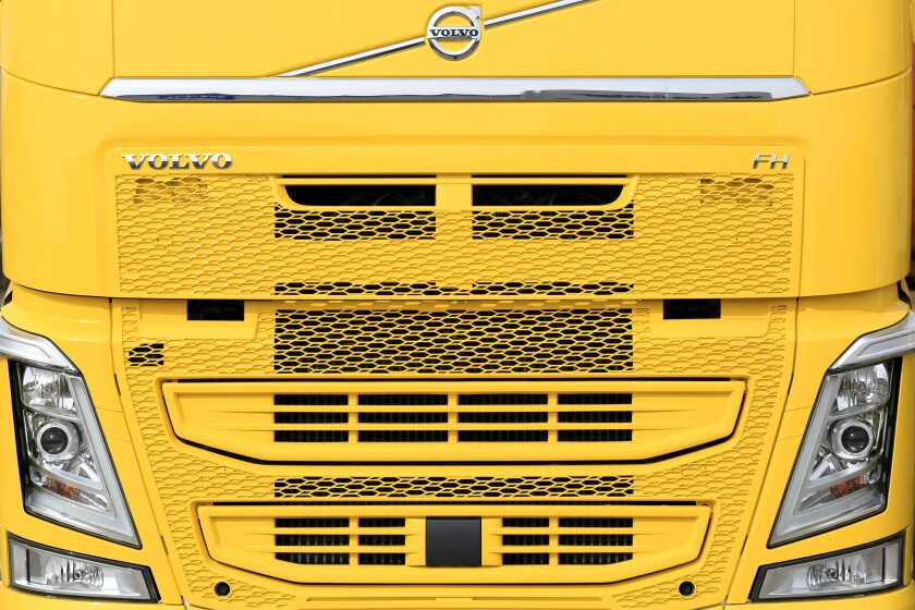 Front of a New Yellow Volvo FH Truck. Illustrative Editorial content.