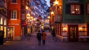 Augustinergasse alley at night with christmas decorations, Zurich, Switzerland.
