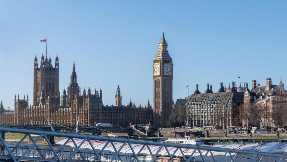 View of Westminster, Houses of Parliament and Big Ben across the River Thames from South Bank, London, England, UK, on a sunny winter day