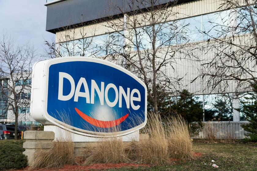 A logo sign outside of a facility occupied by Danone in Boucherville, Quebec, Canada, on April 21, 2019.