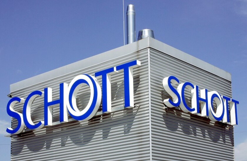 Company logo of the Schott AG on the company grounds of Schott Electronic Packaging in Landshut, Bavaria.