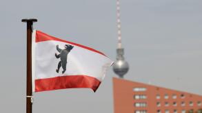 Flag, city arms, Berlin bear, television tower, Berlin, Germany,