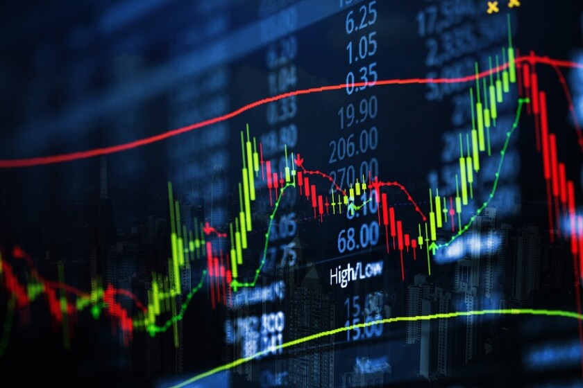 Double exposure of candle stick graph chart with indicator with