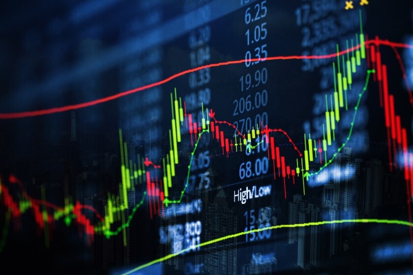 Double exposure of candle stick graph chart with indicator with 