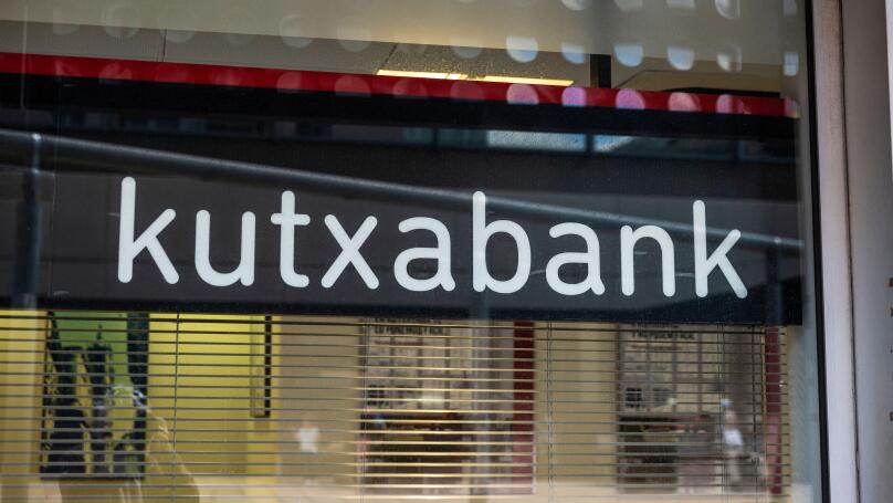 Barcelona, Spain - October 3, 2022: Facade and logo of the Kutxabank bank office in Barcelona, Catalonia, Spain