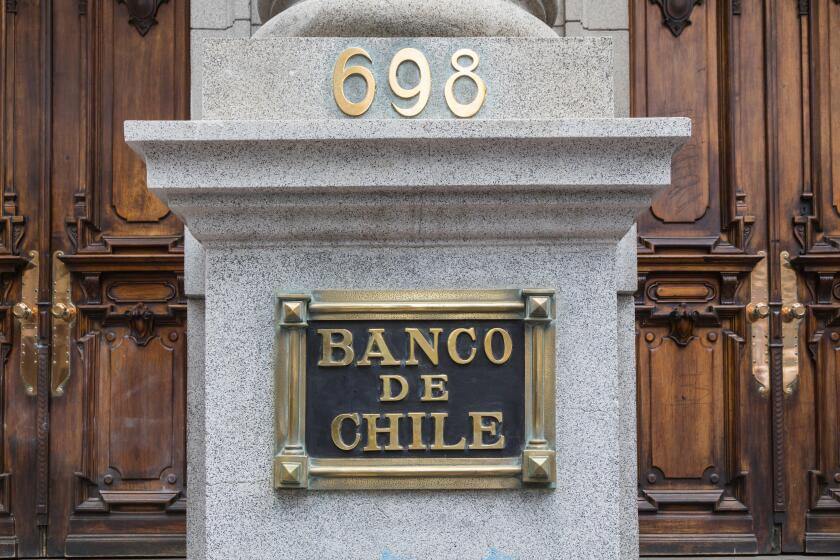 The Bank of Chile sign in Valparaiso, Chile, South America.