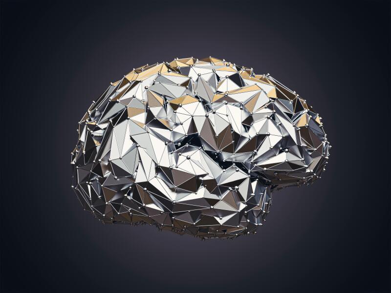 3d illustration of human low poly brain made of metal, AI concept