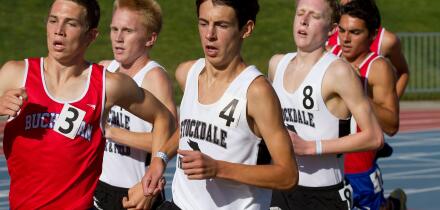 May 21, 2011 - Fresno, CA - Stockdale's Blake Haney delivered one of the best-ever boys 1600 performances at the section track championships in Clovis Saturday. Haney (4) set a state record for freshmen and the overall central section record. Here he runs