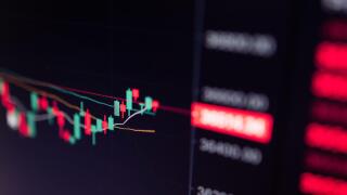 Close up of Bitcoin and Cryptocurrency stock market exchange candlestick chart