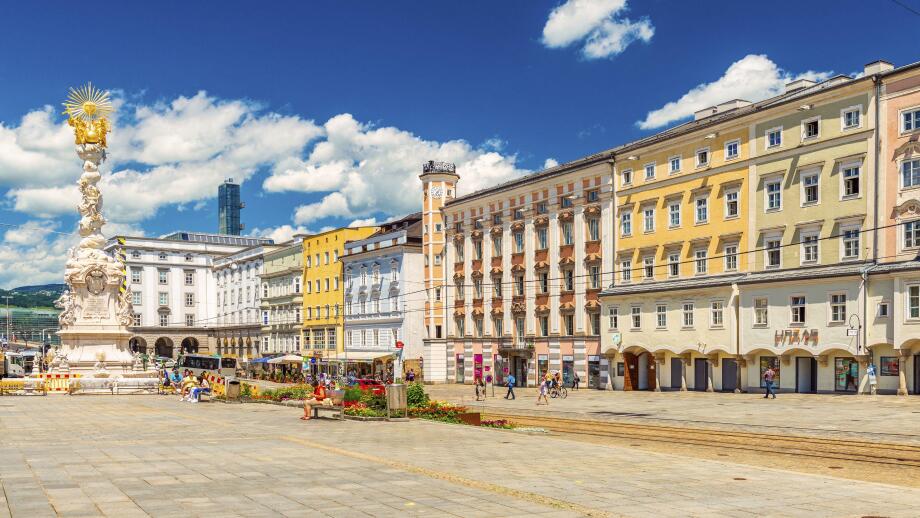 Linz - June 2020, Austria: View of the main square of Linz with colorful buildings in the traditional architectural style