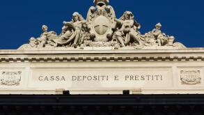 ROME, ITALY - DECEMBER 30 2014: Close up of the roof of the Italian Cassa Depositi e prestiti in Rome, with statues