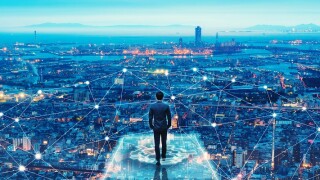 Business man on future network city