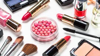 Makeup professional cosmetics on white background.