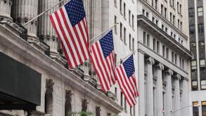 American flags at wallstreet, The New York Stock Exchange on Wall Street, NYC, lower Manhattan, United states.