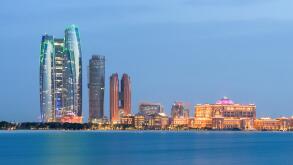 Evening skyline view of Abu Dhabi in United Arab Emirates
