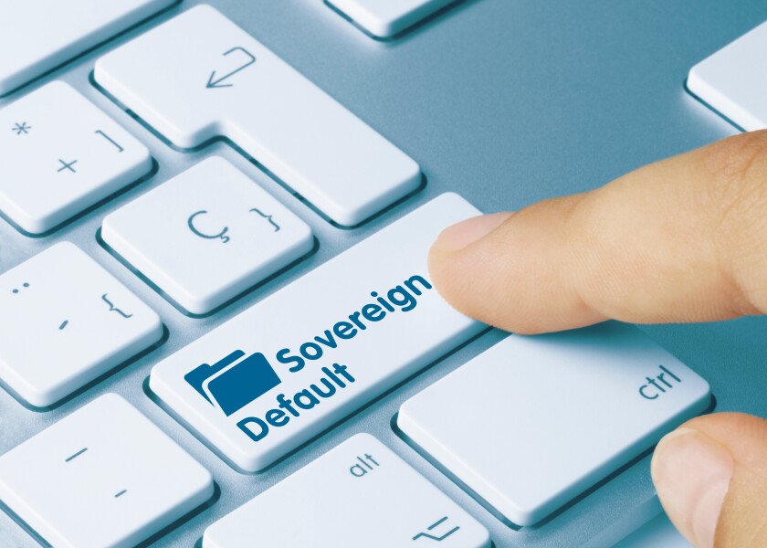 Sovereign Default - Inscription on Blue Keyboard Key.