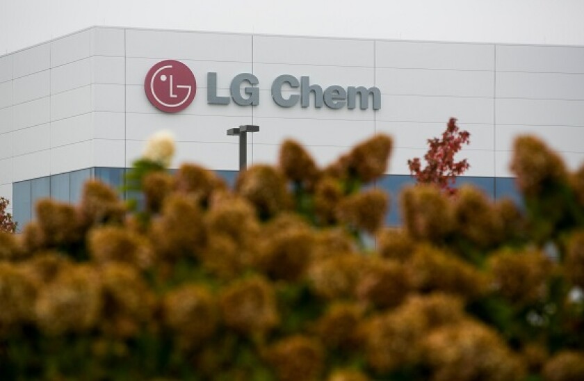 A logo sign outside of a facility occupied by LG Chem in Holland, Michigan on October 16, 2016.