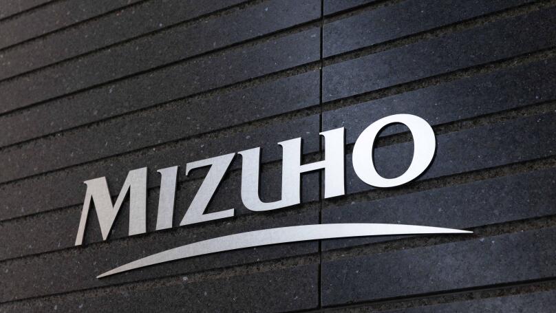 Logo of Mizuho Bank on their headquarter building in Otemachi, Tokyo on November 25, 2022.
