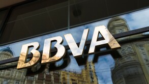 Sign above entrance of Spanish bank BBVA in Valencia city. Spain