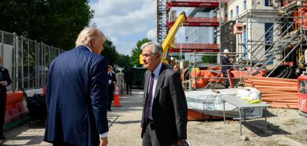 President Donald J. Trump tours the Federal Reserve headquarters with Fed Chair Jerome Powell in Washington, D.C. on July 24, 2025, to inspect renovation progress and discuss monetary policy. Image courtesy of the White House.